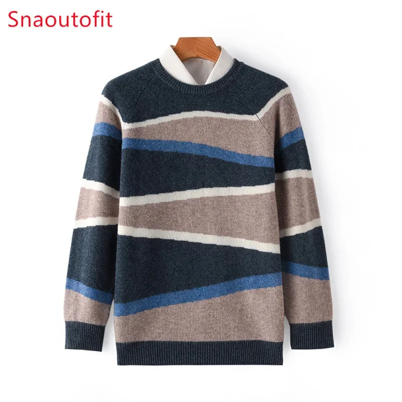 

Young and Middle-Aged Men's Top Autumn Winter Warm Wool Knitt Sweater O-neck Stripe Urban Casual Pullover Loose Dad Formal Wear
