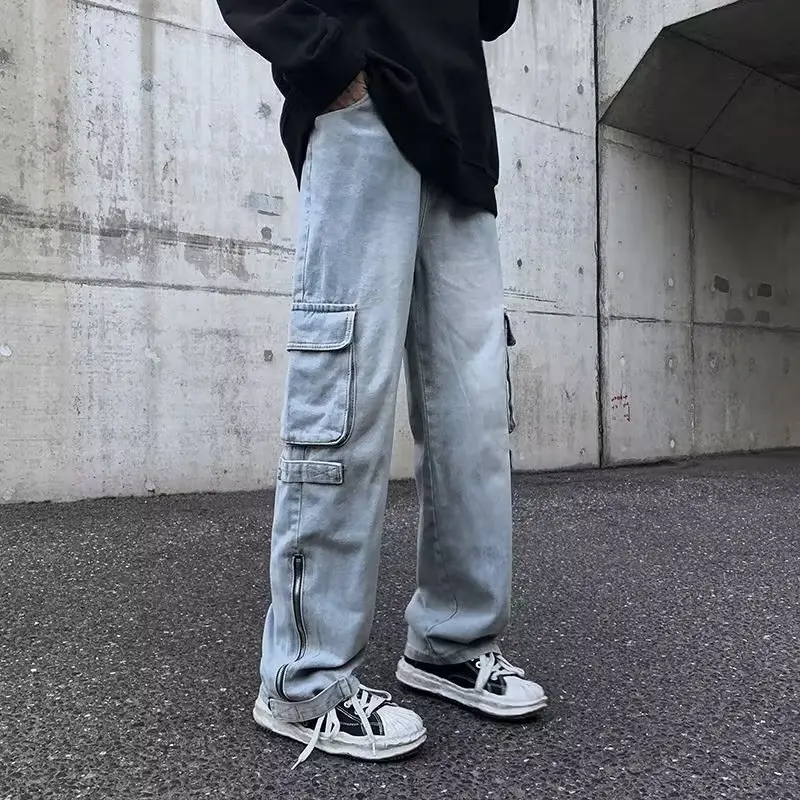 

2022 Vibe Style Side Pocket Baggy Men Cargo Jeans Pants Y2K Ankle Zipper Straight Hip Hop Vintage Denim Trousers Overol Hombre