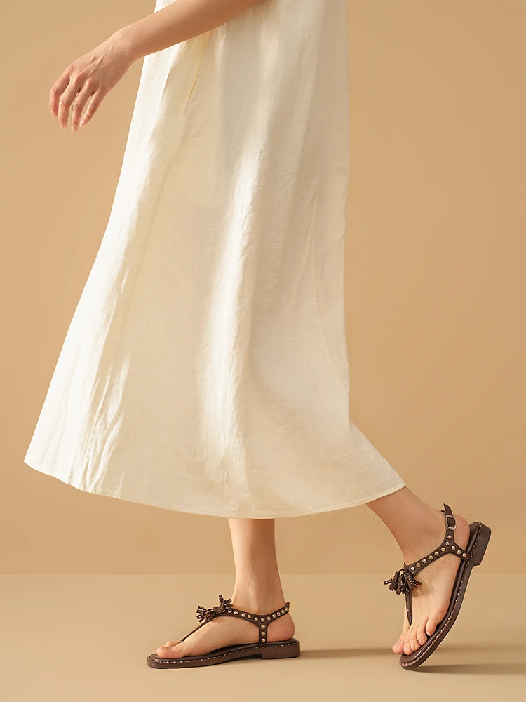 BEAUTODAY Gladiator Sandals Women Calfskin Leather Fringe Rivet Flip Flops Summer Ladies T-Strap Flat Shoes Handmade_vogvips.com