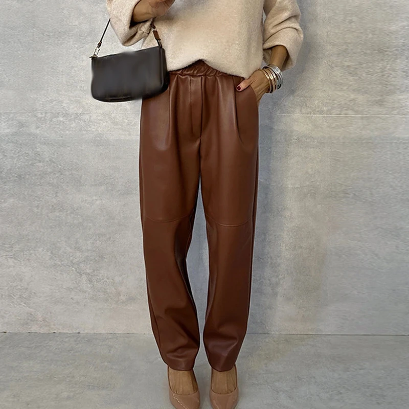Leather Pants Streetwear Casual Solid PU Leather Pants for Women Spring Elastic Waist Pocket Trousers Autumn Straight Office Ladies Pants