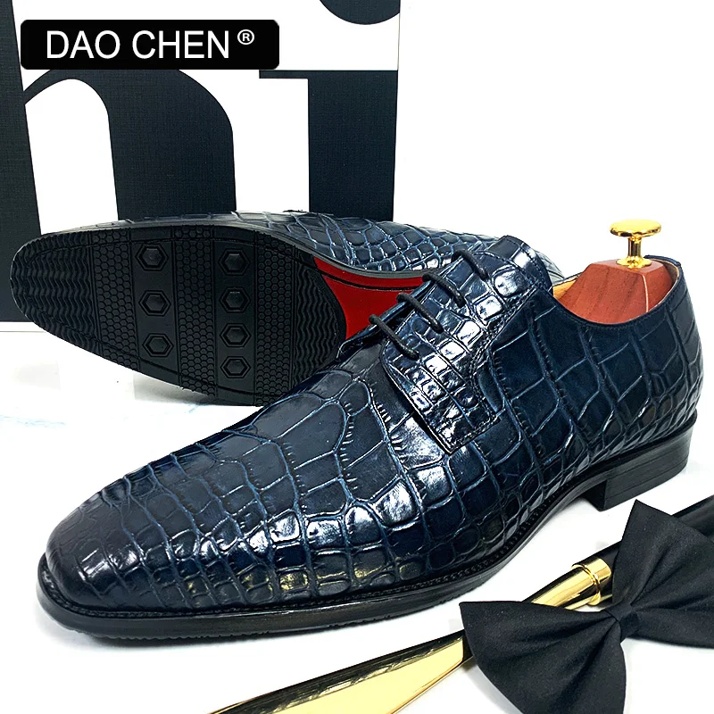 Mens Leather Dress Shoes DAOCHEN ITALIAN MEN LEATHER SHOES BLUE BLACK CROCODILE PRINT LACE UP CASUAL DRESS MAN SHOE OFFICE WEDDING SHOES FOR MEN