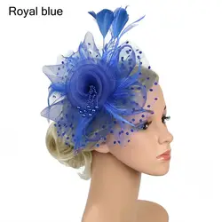 Elegant Mesh Flower Fascinator with Feather Accent for Weddings and Tea Parties (Royal blue)