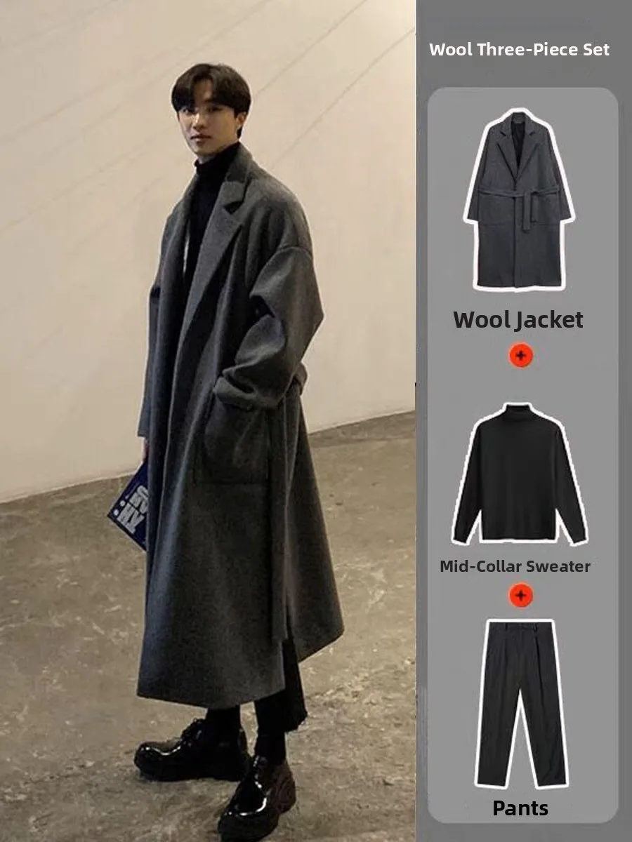 Thiened Double-Faced Camere Men's Coat Winter Faion Outerwear Over-Knee Korean Sle Tweed Windbreaker Long Sve Coat