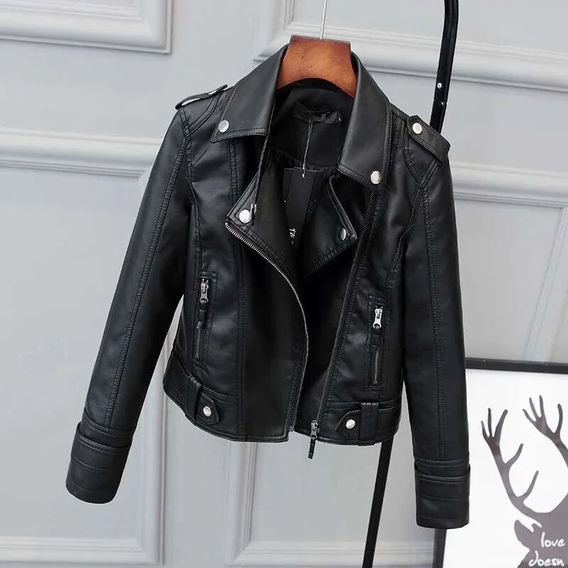 Spring Fall Women Short Black PU Jacket Gothic Punk Style Fashion Motorcycle Leather Jacket Casual Wild Coat Goth Winter Coats black faux leather cropped jacket women autumn vintage elegant coats ladies pu harajuku punk style thin fashion overcoat winter