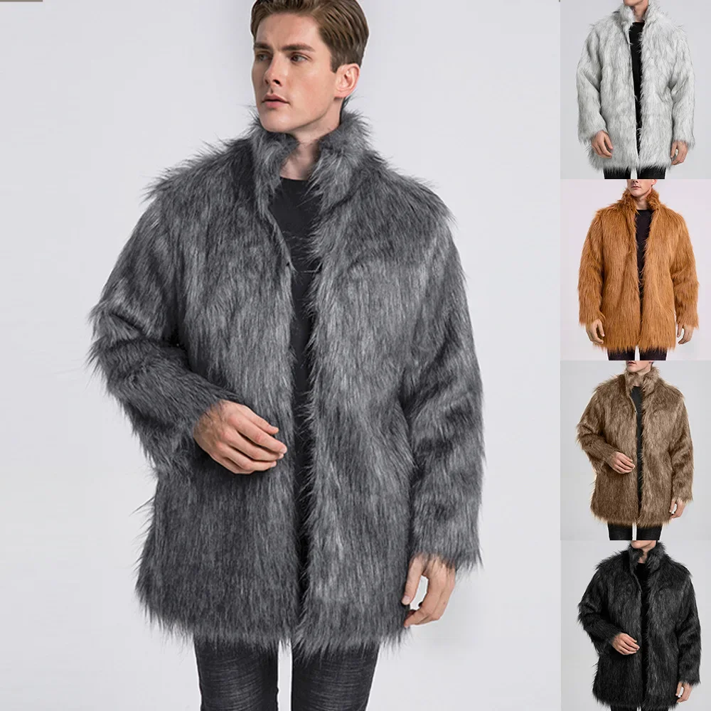 

Men Faux Fox Fur Jacket Coat Winter Thick Fluffy Long Sleeve Stand Collar Warm Shaggy Outerwear Luxury Fur Bontjas Jackets Mens