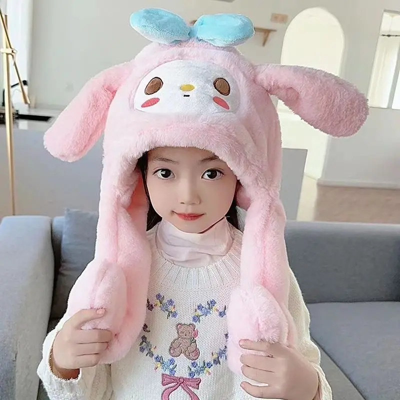 

My Melody Winter Children Kawaii Anime Sanrio Warm Scarf Hat Cute Cartoon Moving Ears Two-Piece Set Cap Lovely Toys for Kids