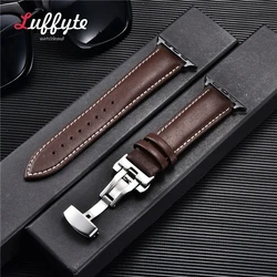 Premium Leather Watch Band with Butterfly Clasp - 42mm 44mm 45mm 49mm (Dark brown - W - Black)