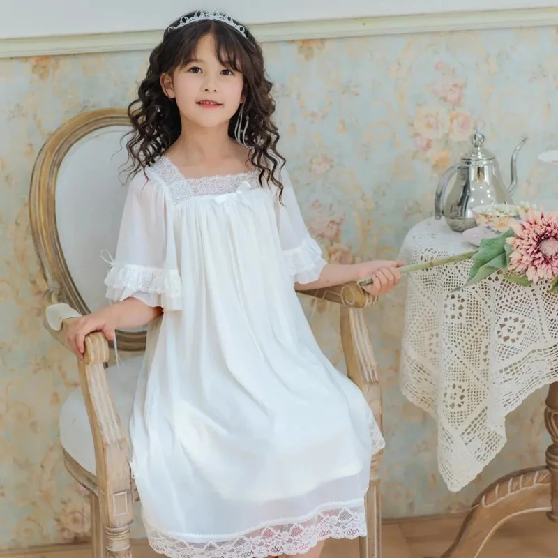 Summer Girls Thin Lace Princess Nightdress Children Breathable Solid