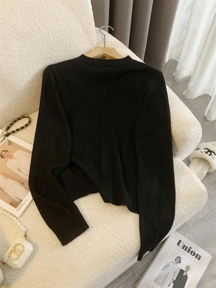 Female Sweater Knit Cardigan Coat Casual Loose Long Sleeve Patchwork Solid Scoop Neck Outwear Autumn Knitwear Coat Ladies