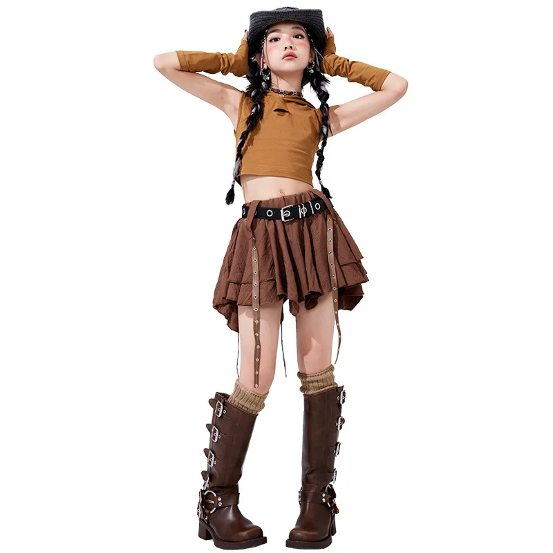 Girls K-pop Wasteland Crop Hoodies Street Dance Tiered Skirts Kids Hip Hop Streetwear Child Jazz Girl Group Costume Clothes Sets 5