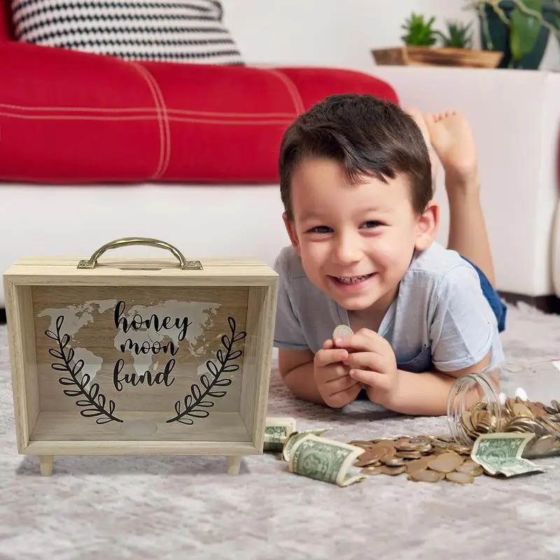 Money Saving Box Coin Saver Wooden Money Bank With Clear Window Reusable Cash Savings Case For Couples Friends Partners Children 3