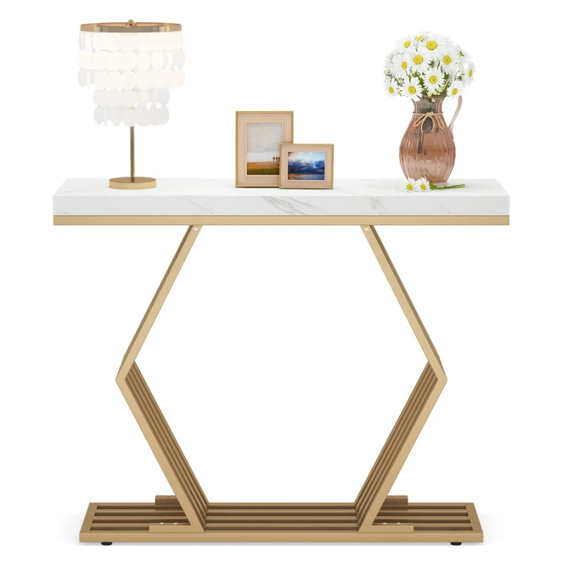 

42 inches Modern Gold Console Table with Geometric Metal Base White Faux Marble Top Entryway Foyer Table Home Decor