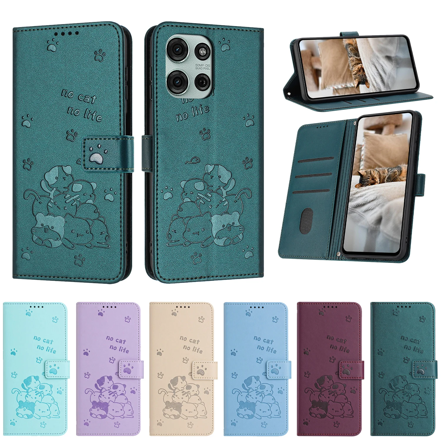 Elegant Leather Cat Design Phone Wallet Case Cover
