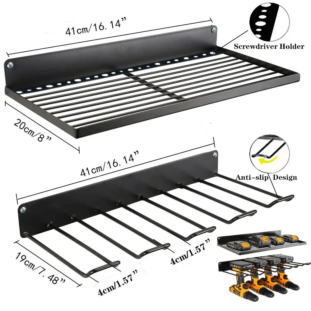 Wall-mounted Utility Rack Power Tool Organizer Heavy Duty Metal Tool Shelf Drill Storage Rack Cabinet Garage Organizer