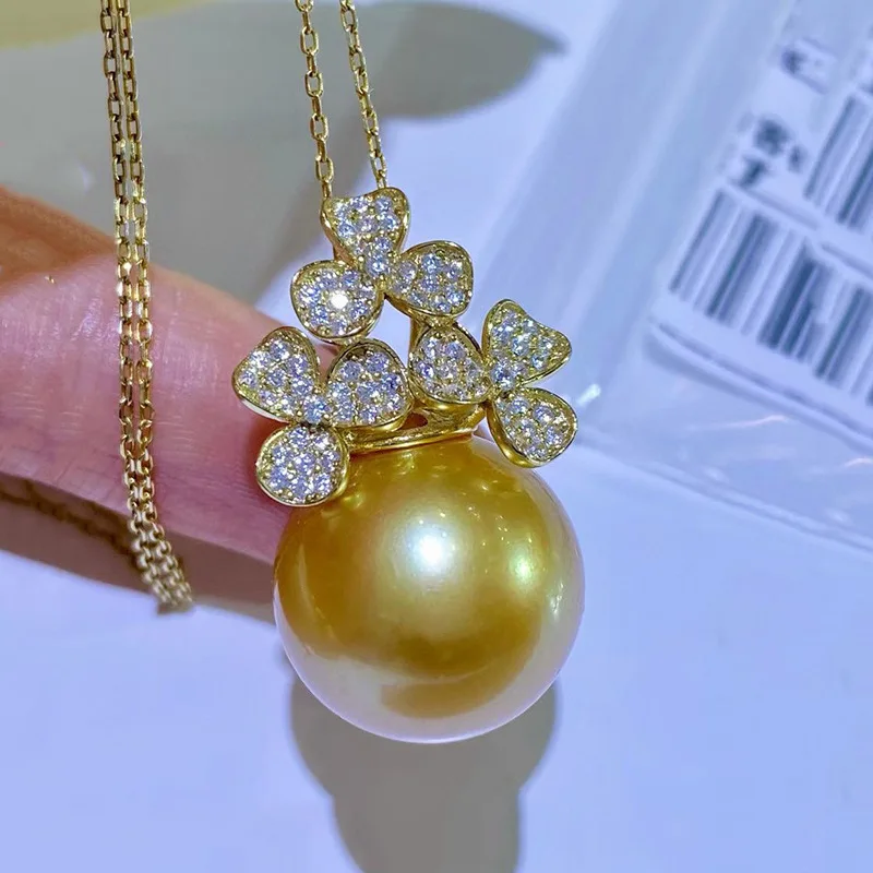 

AAAA++++9-10mm 10-11mm 11-12MM 12-13MM 13-14mm Gorgeous Round South China Sea Gold Pearl Pendant Necklace 18" 925s