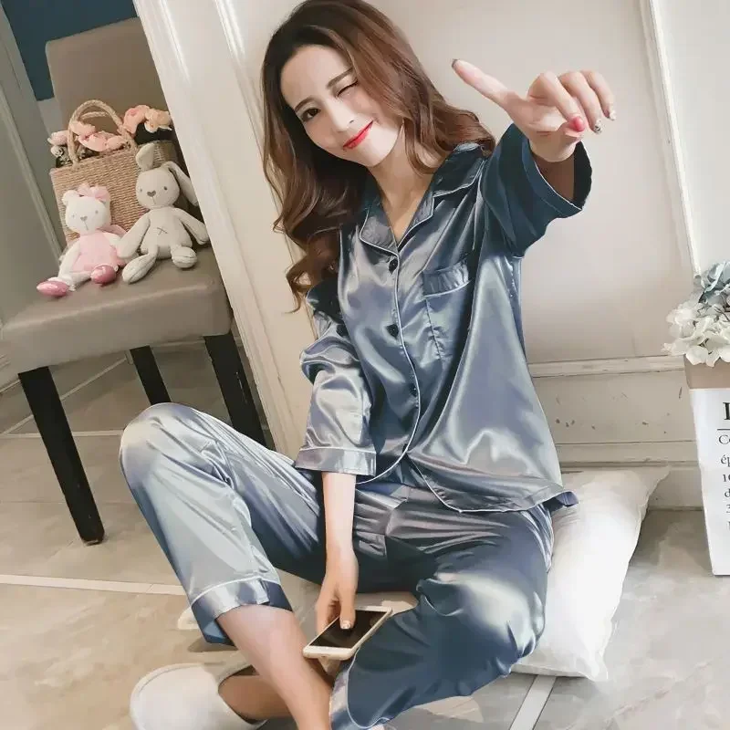 Women Silk Satin Pajamas Pyjamas Set Sleepwear Pijama Couple Pajamas Suit dropshipping sales with free shipping
