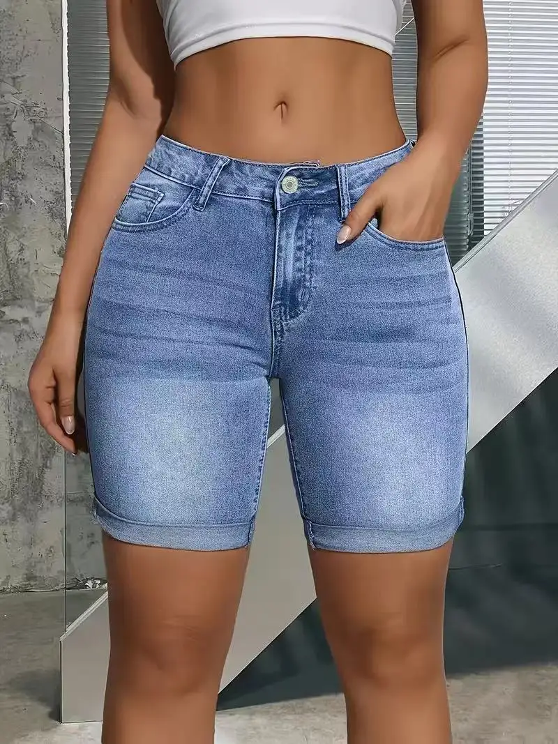 Short jean femme taille haute vintage bleu clair été plage