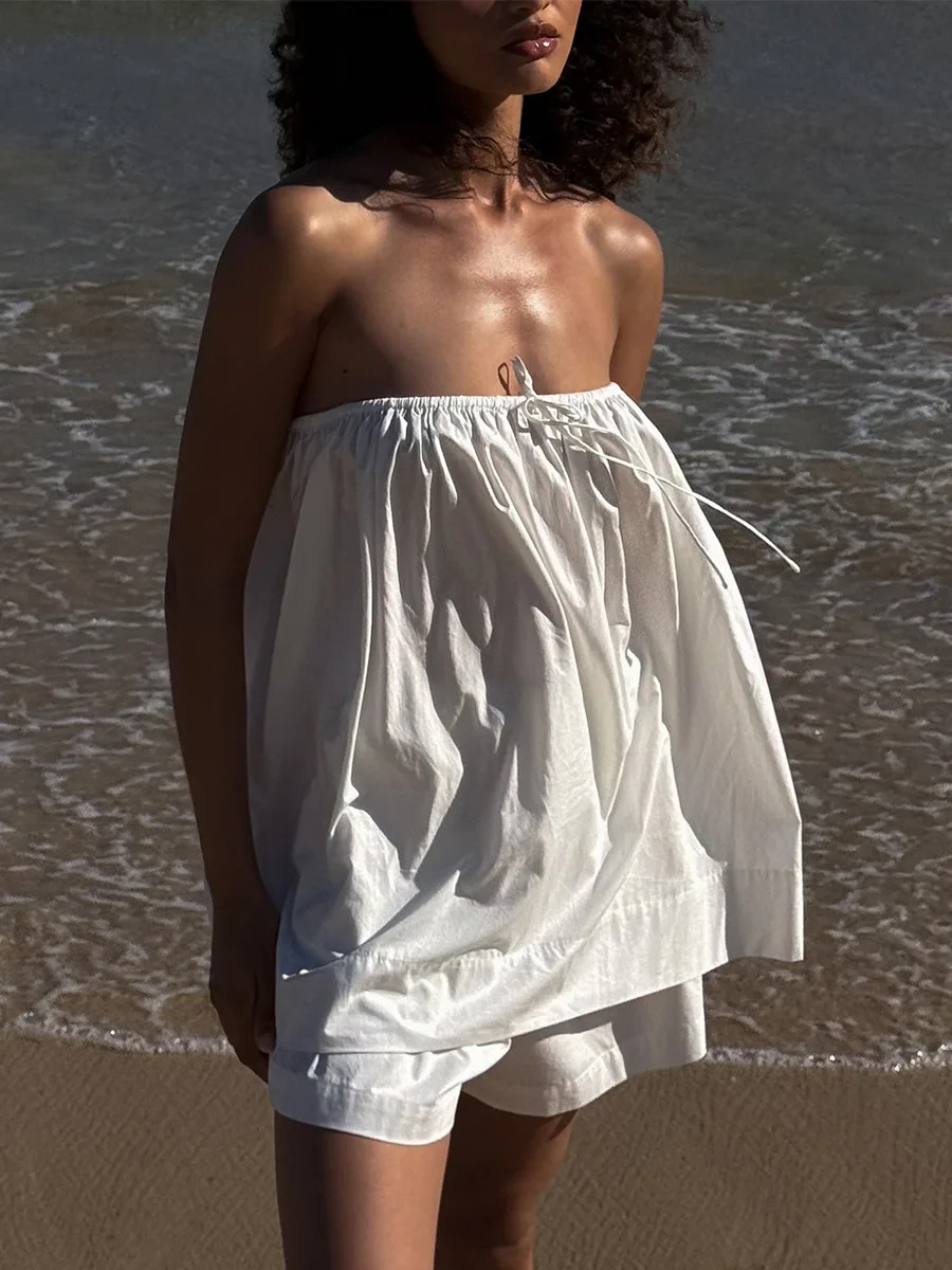 Bornladies Women's 2026 Spring Summer New Shorts 2-Piece Set Comfortable Ruched Strapless Off-Shoulder Top Casual Shorts Set