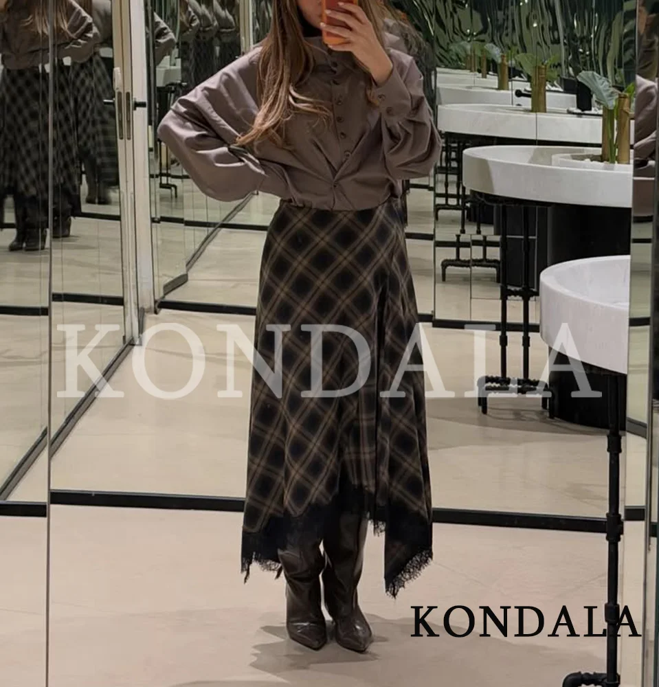 KONDALA Vintage Chic Damen Midi-Rock Karierter Spitzenrock Lang Neuer 2026 Frühling Sommer Eleganter Büro- und Dinner-Party Damenrock – Detail 2