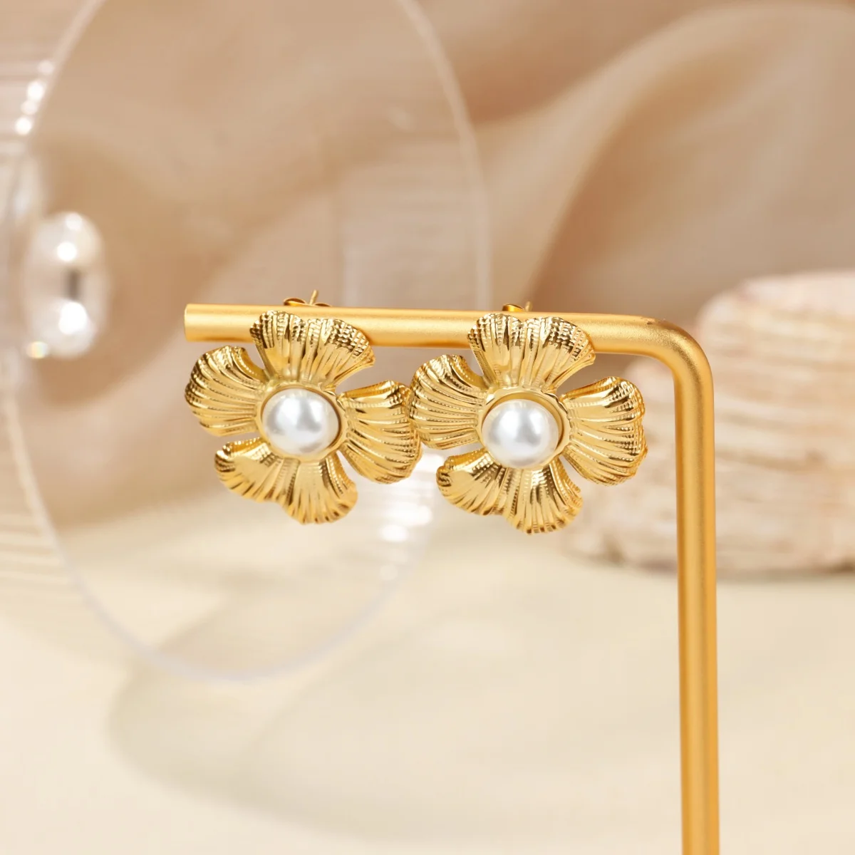 316L Stainless Steel Golden Flower Geometric Ellipse Earrings For Women