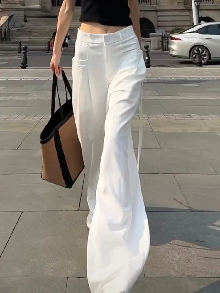 

New Lace-up High Waist Straight Women Suit Pants Summer Slim Loose Full Length Female Wide Leg Pants Casual Chic Office Lady