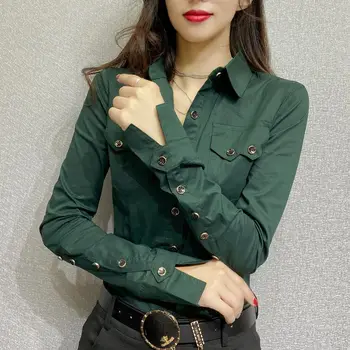 오피스 레이디 슬림 단색 블라우스, 포켓 스플라이싱, 시크한 싱글 브레스트, 폴로 넥 셔츠, 여성 의류, 봄 가을 패션