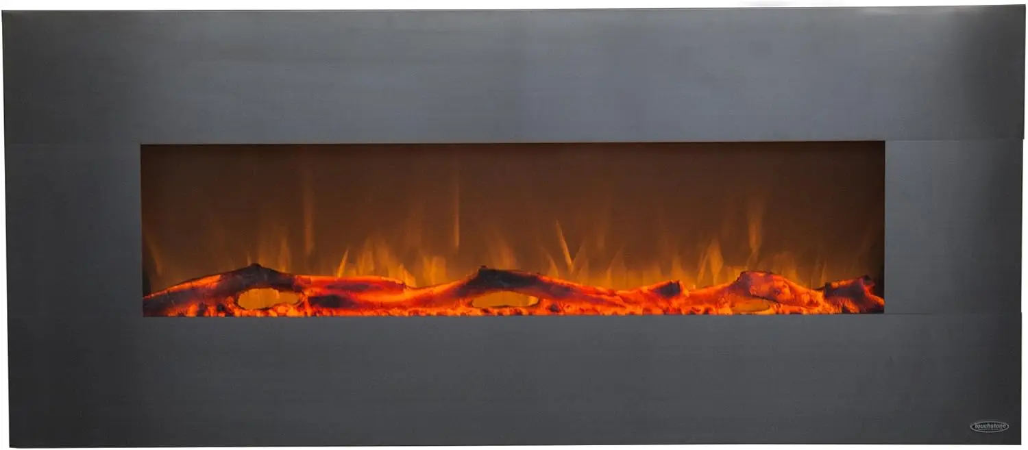 80026-Stainless Electric Fireplace-(Stainless) 50 Inch Wide On-Wall Hanging Log & Crystal Included 5 Flame Settings