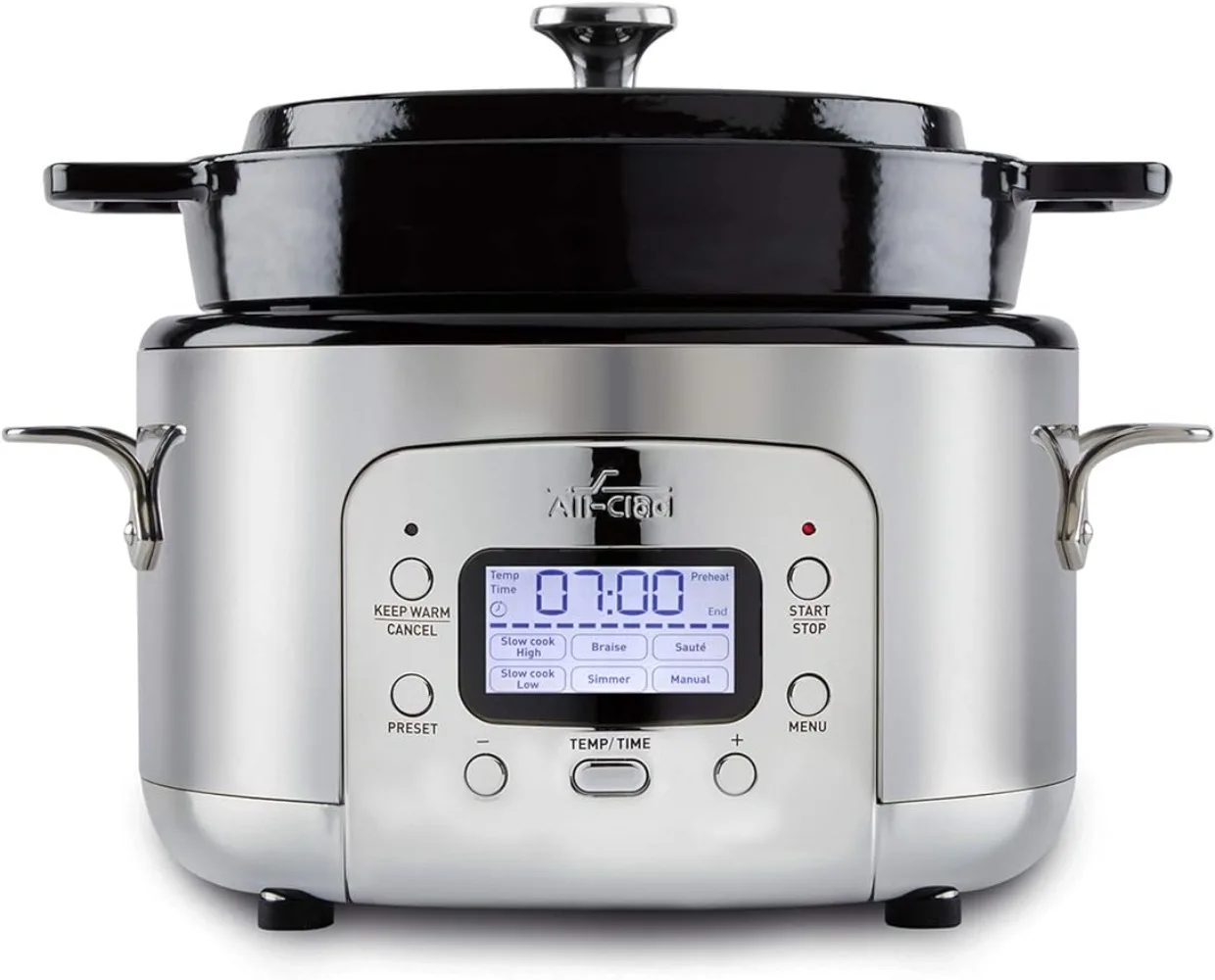 

All-Clad 5 Quart 7-in-1 Electric Slow Cooker with Stainless Steel and Cast Iron, 1200W - Black Enamel Crock