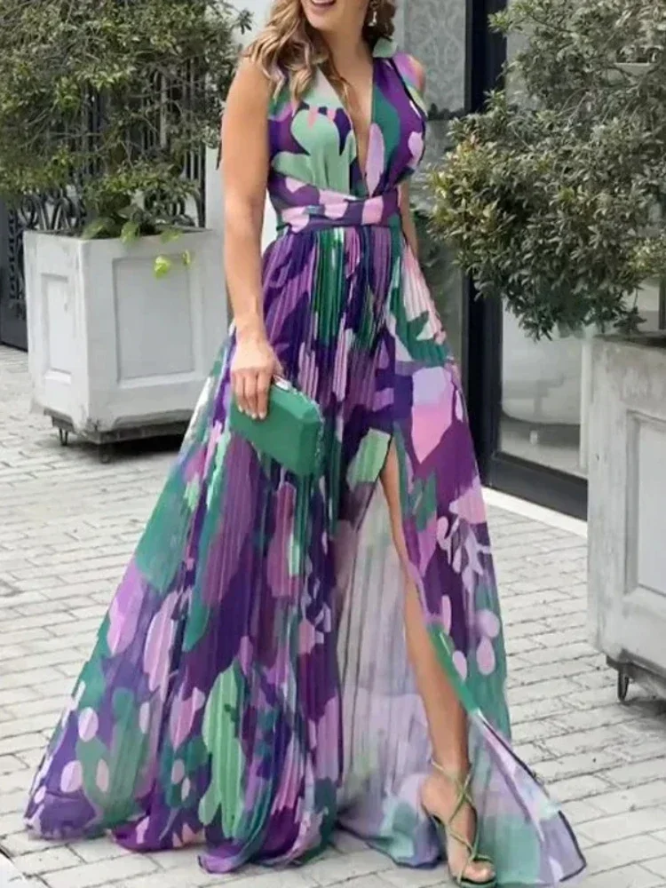 

New Fashion Elegant Women's Dress Autumn Loose Print V-neck Sleeveless Elegant Pleats Vestido Party Dress for Women 2023
