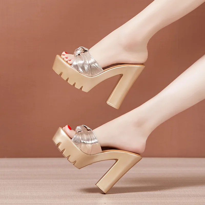 Plus Size 32-43 Platform Slides Summer Wedding Shoes 2021 Open Head Bow High Heels Slippers Ladies Party Office Slipper Shoe