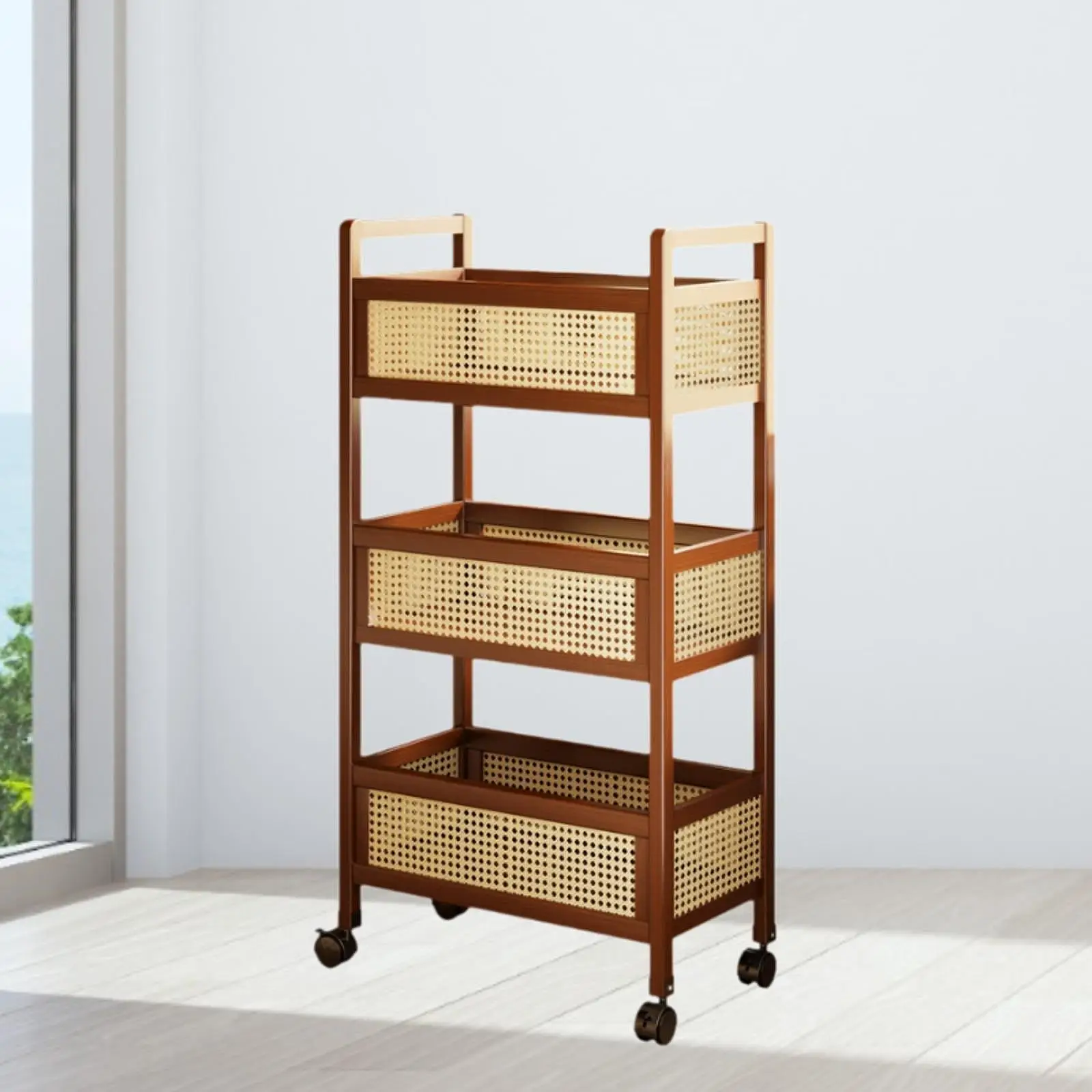 Wooden 3 Tier Rolling Utility Cart with Baskets Quick Installation for Home Office Versatile with Wheels 50x26x93cm Mobile Cart
