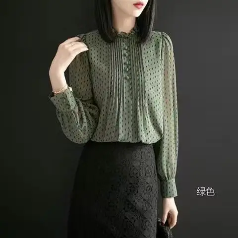 

Women Spring Autumn Style Chiffon Blouses Shirts Lady Casual Long Sleeve O-Neck Polka Dot Printed Chiffon Blouses Tops V122