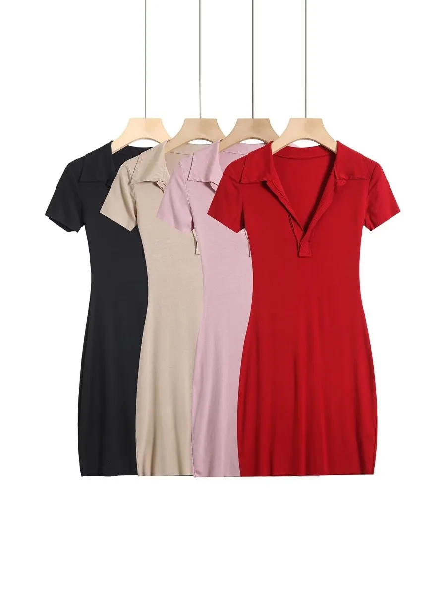 

2024 Summer New V-neck Flanging Burr Short Sleeve Slim Hip Solid Color Dress Short Skirt