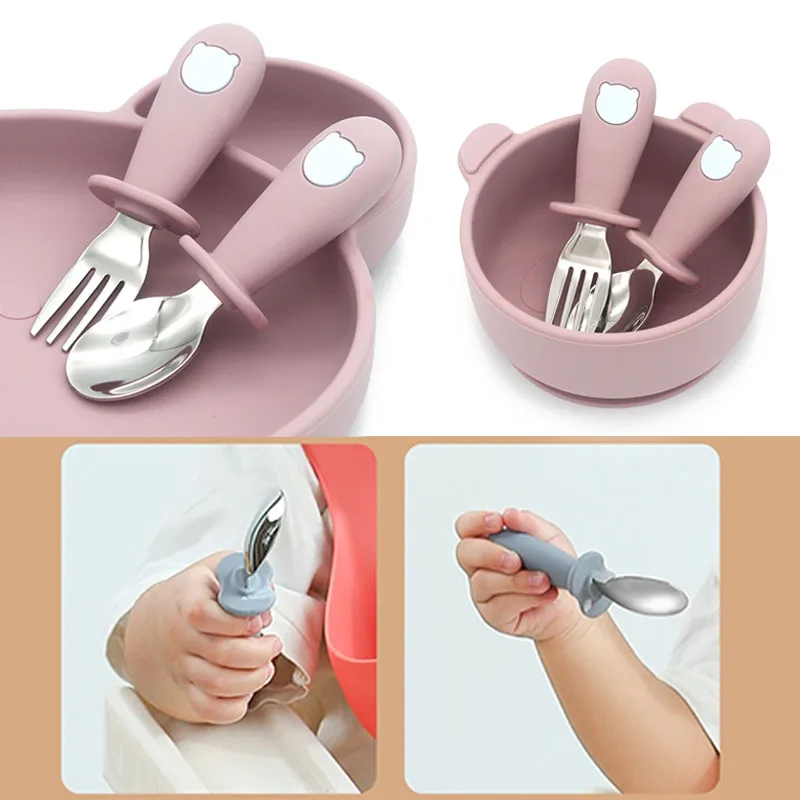Baby Cartoon Tableware Set Children Utensil Stainless Steel Toddler Dinnerware Cutlery Cartoon Infant Food Feeding Spoon Fork 3