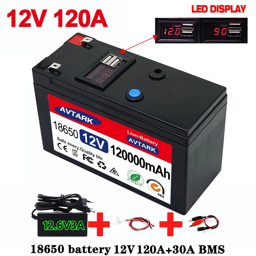 アップグレードされたポータブル充電式リチウム電池、内蔵usb電源ディスプレイポート、lifepo4、12v、120ah、5v、21a、2024