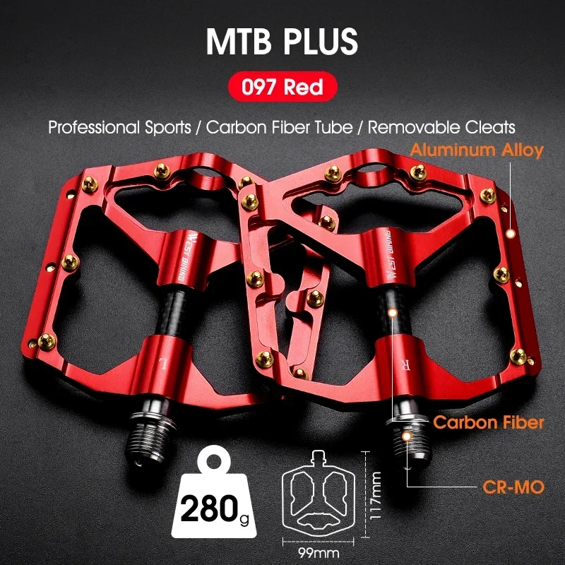 Pédales Plates West Biking Ultralégères Carbone T700 Et Axe Titane, 3 Roulements, 186g La Paire