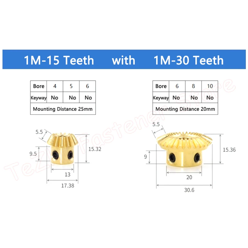 1pc 1:2 Brass Bevel Gear 1M 15 20 30 40 Teeth 90 Degrees Meshing Angle Gears Bore 4/5/6/8/10/12/14/15mm