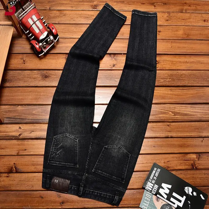 High-end Trendy Men's Jeans Fashion Printed Loose Straight Casual Stretch Black Gray Long Pants 2