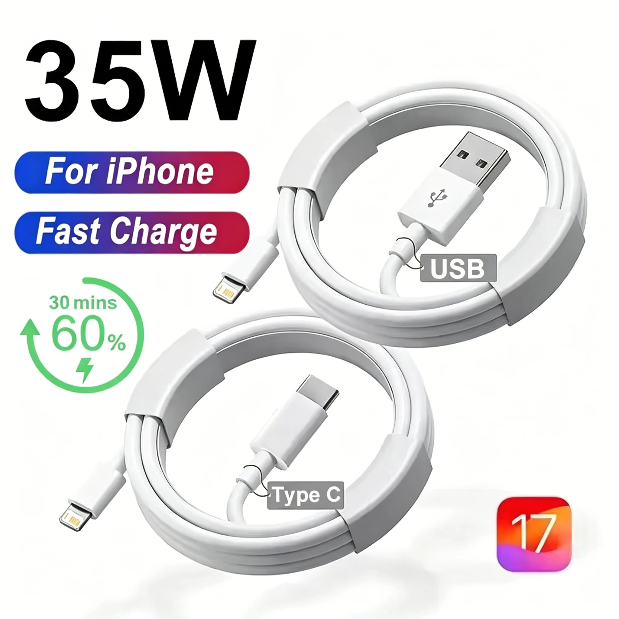 สายชาร์จ USB-C 35W PD ชาร์จเร็วสำหรับ iPhone ทุกรุ่น