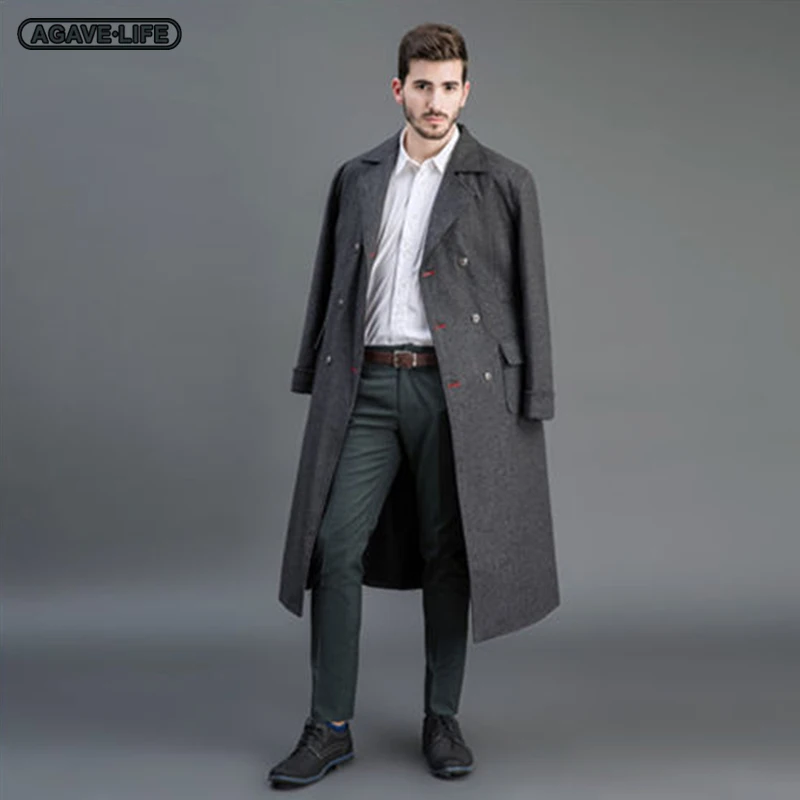

Men's Trenches Autumn Winter British Long Over-the-knee Windbreaker Youth Men Lapel Woolen Extended Jacket Bussiness Men Clothes