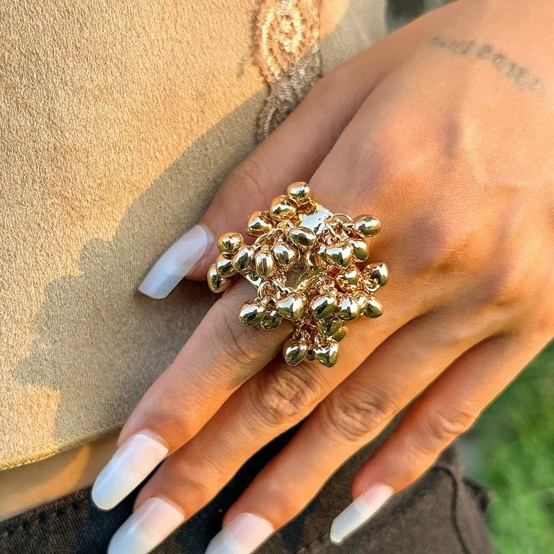 Vintage Natural Stone Beads Tassels Pendant Open Ring for Women Luxury Gold Color Rings Wedding Party Boho Jewelry