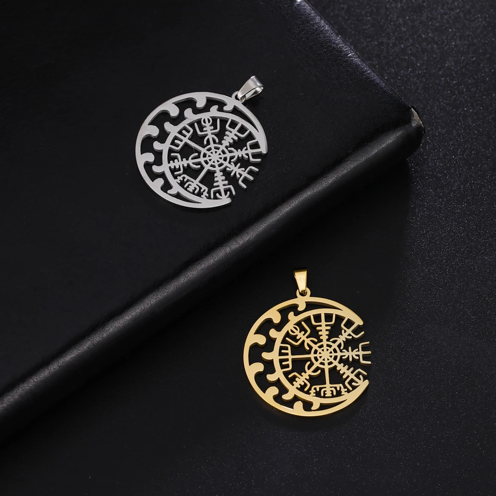 Dawapara Kompass Vegvisir Anhänger Halbmond Amulett Runenkreis Edelstahl Charms für Schmuckherstellung Nordische Geschenke – Detail 14