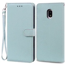 Elegant Leather Flip Wallet Silicone Phone Case - Premium Protection for Samsung J7 2017 J730 (Light Blue -Strap)
