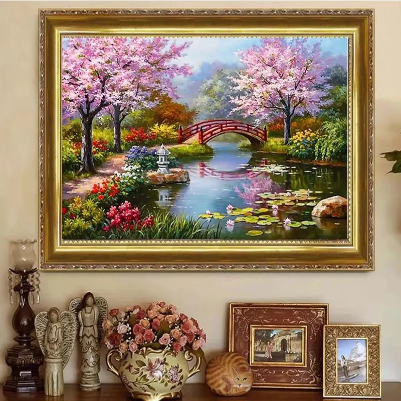 Landscape Cross Stitch Kits Cartoon Houses Stream Cherry Tree Dream Home Decor Painting Embroidery Set DMC Printed Canvas Gift