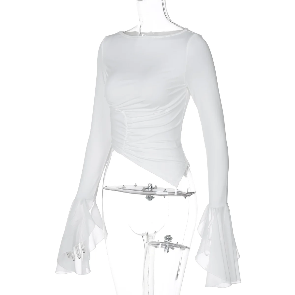 White Mesh Cropped Top Pullover For Women Patchwork Long Sleeve Skinny Irregular Ruched Fashion T-Shirts Women's Y2k Top