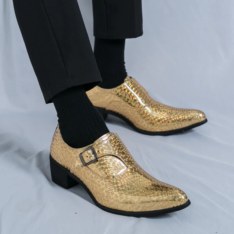 Gold Men's Wedding Footwear New Men Fashion Pointed Gold Blue
