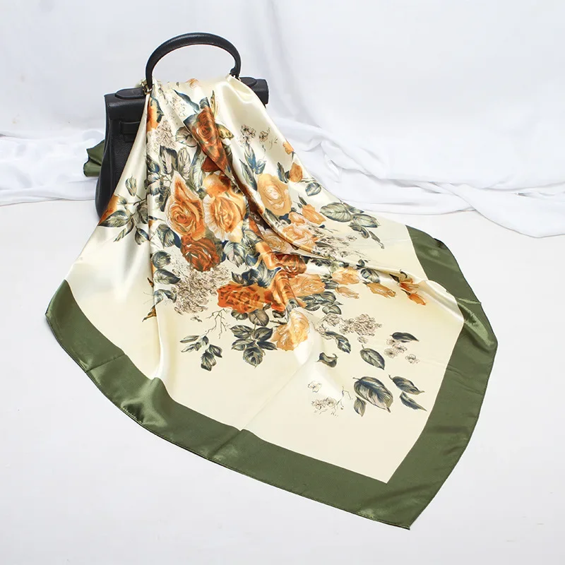 

Fashion Faux Silk Satin Women Hijab Scarf For Hair Floral Printed Head Bandana Female 90*90cm Shawl and Wraps Scarves Ladies