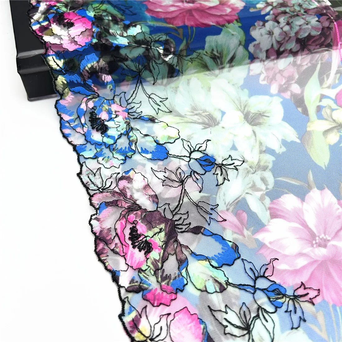 Width 8 1/4Inch 21cm Printed Floral Blue Embroidery Lace Trim Skirt Hem Underwear Sewing Material Craft DIY Apparel Fabric Lace 3