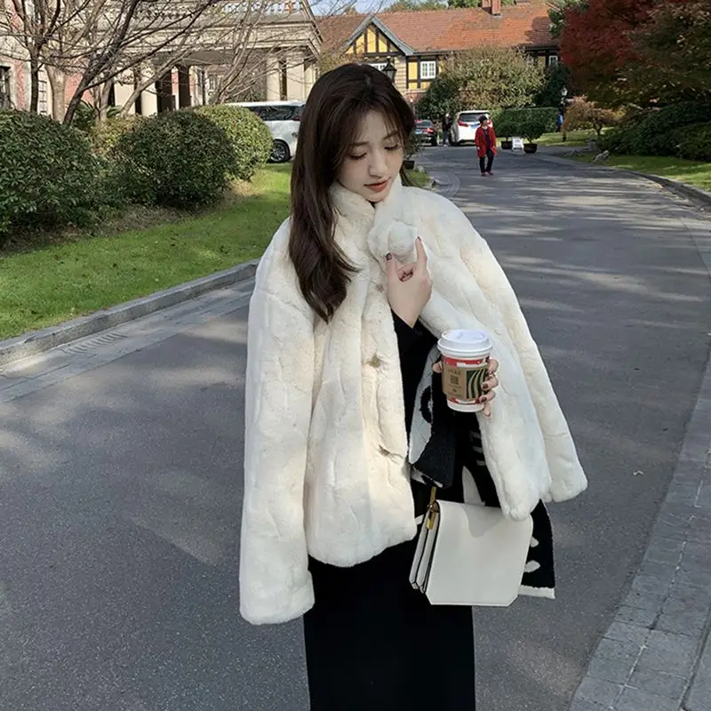 Winter Fluffy Coat Women 2023 New Stand Collar Warm Thick Imitation Rabbit Fur Jackets Loose Korean Fashion Cardigan