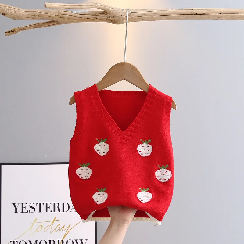 Kids vest Sleeveless Sweater for Girls Spring Fall V-neck Children Knitwear Baby Girl Knit Vest Cartoon Strawberry Kids Waistcoats GY03083